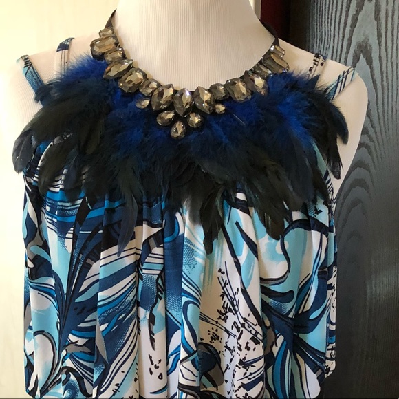 Jeweled Blue Feathers Statement Necklace - Picture 3 of 7